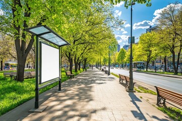 Empty billboard on a city street lined with trees and benches