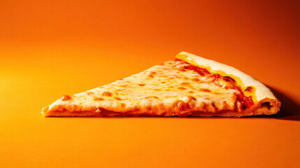 A slice of cheesy pizza rests on a vibrant orange backdrop, highlighting its gooey texture and delicious toppings.