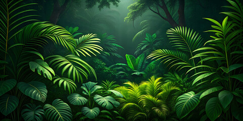 Lush green jungle foliage with palm leaves and tropical plants in a dense forest scene view