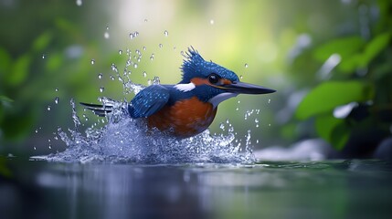 A vibrant kingfisher bird emerging from a splashing water surface.