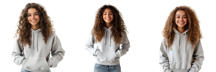 A set of carefree women with curly hair and casual outfits smiling brightly. Isolated on transparent Background