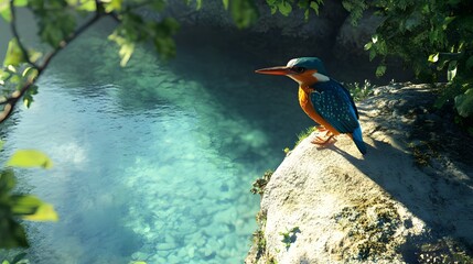 A kingfisher perches serenely on a rock overlooking a tranquil pool.