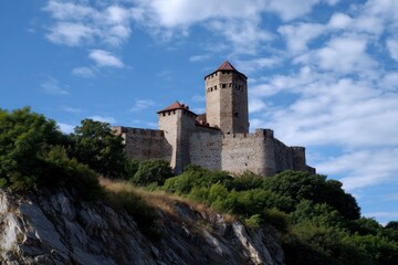 Exploring Ancient Castle on Hilltop with Cloudy Blue Sky Above Trees