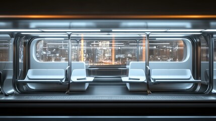 Obraz premium Modern subway interior with sleek seating and urban backdrop.