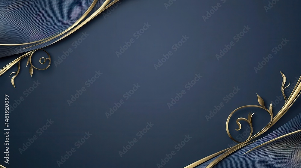 Fototapete Abstract Dark Blue and Gold Ornate Background with Decorative Swirls and Elegant Victorian Patterns for Invitation or Certificate Design with Copy Space