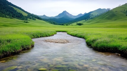 Serene mountain valley meadow with clear stream