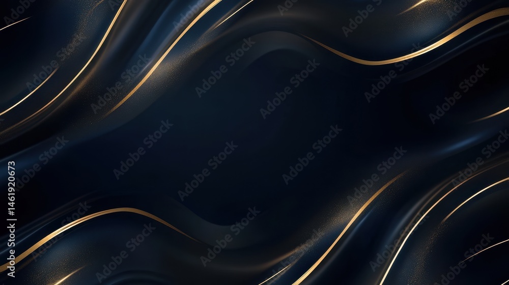 Poster Abstract Dark Blue Background with Golden Flowing Lines and Wavy Shapes Elegant Modern Design Shiny Curves Fluid Texture
