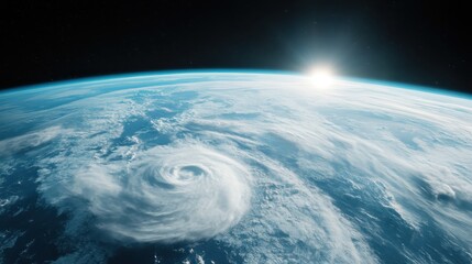 A vibrant view of Earth showcasing a swirling hurricane forming over the ocean while illuminated by the sun's warm light in the background, creating a dramatic visual impact.