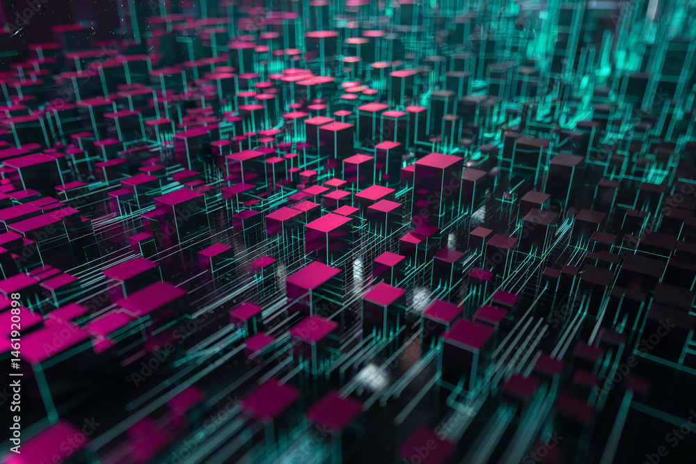 Aufkleber abstract 3d rendering of interconnected pink and teal cubes, creating a futuristic cityscape or circ