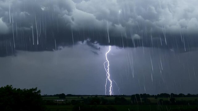Powerful lightning bolt striking during heavy rainstorm under dark clouds over a rural landscape at night