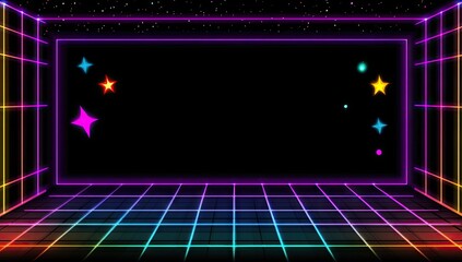 Retro video game aesthetic, neon grid, colorful stars