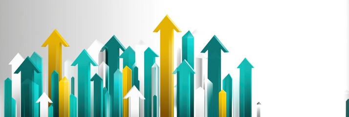 Obraz premium A series of arrows are shown in various colors, with some pointing upwards and others pointing downwards. Concept of progress and growth, as the arrows represent the upward movement of ideas, concepts