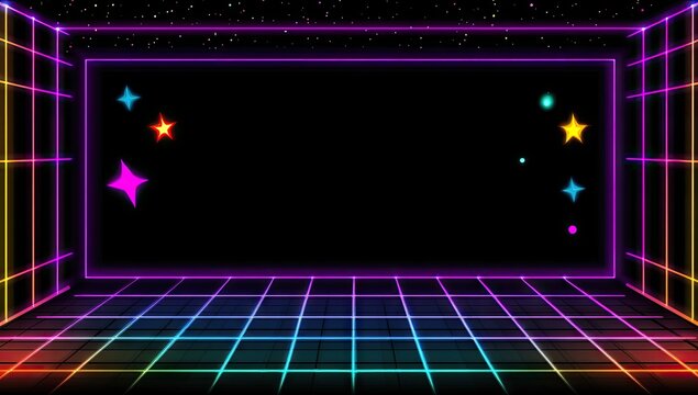 Retro video game aesthetic, neon grid, colorful stars