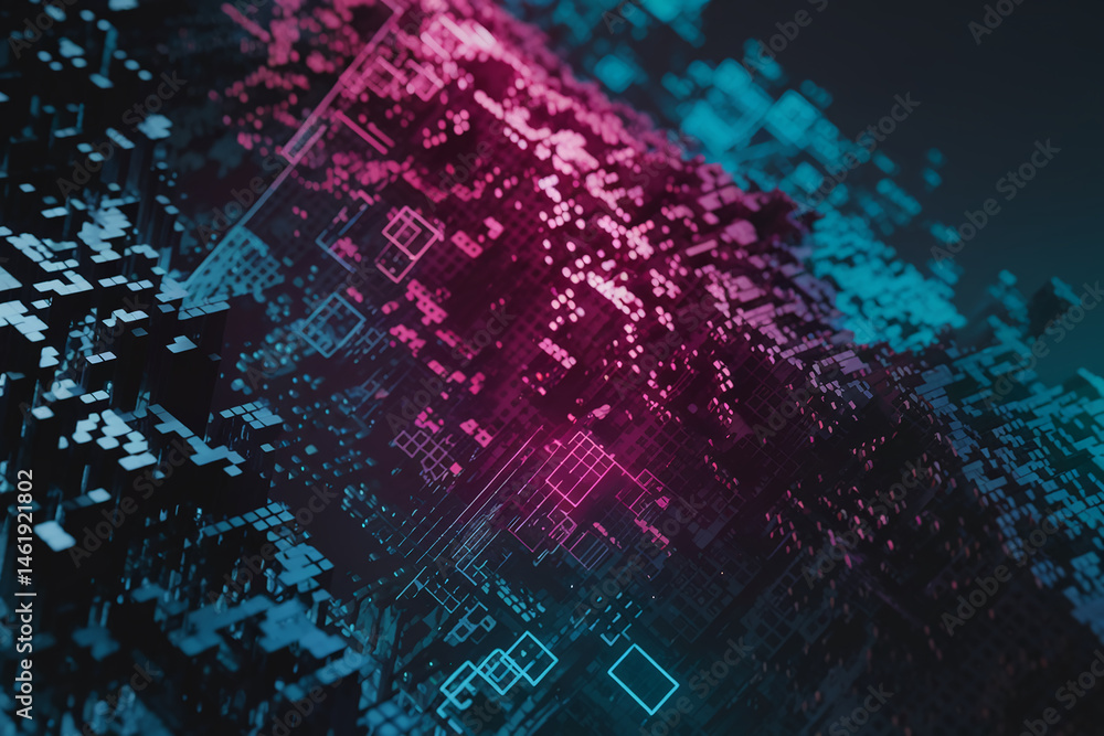 Aufkleber abstract 3d render of a digital landscape, featuring cube-shaped structures in pink and blue hues. i