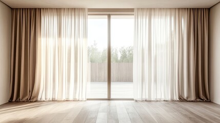 Fototapeta premium A serene interior with sheer curtains and natural light illuminating a minimalist space.