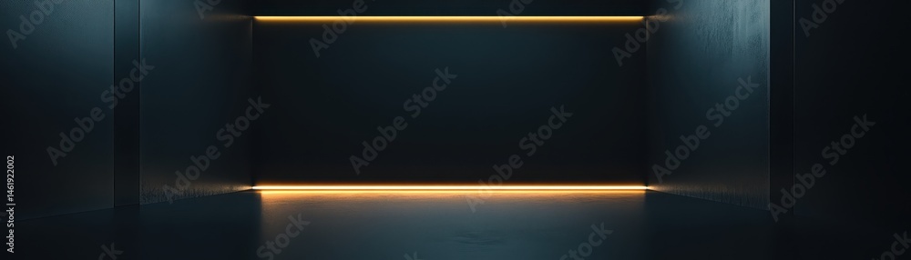 Aufkleber Abstract Dark Textured Interior with Golden Light Lines in a Three Dimensional Rendered Minimalist Room with Geometric Design and Modern Architecture