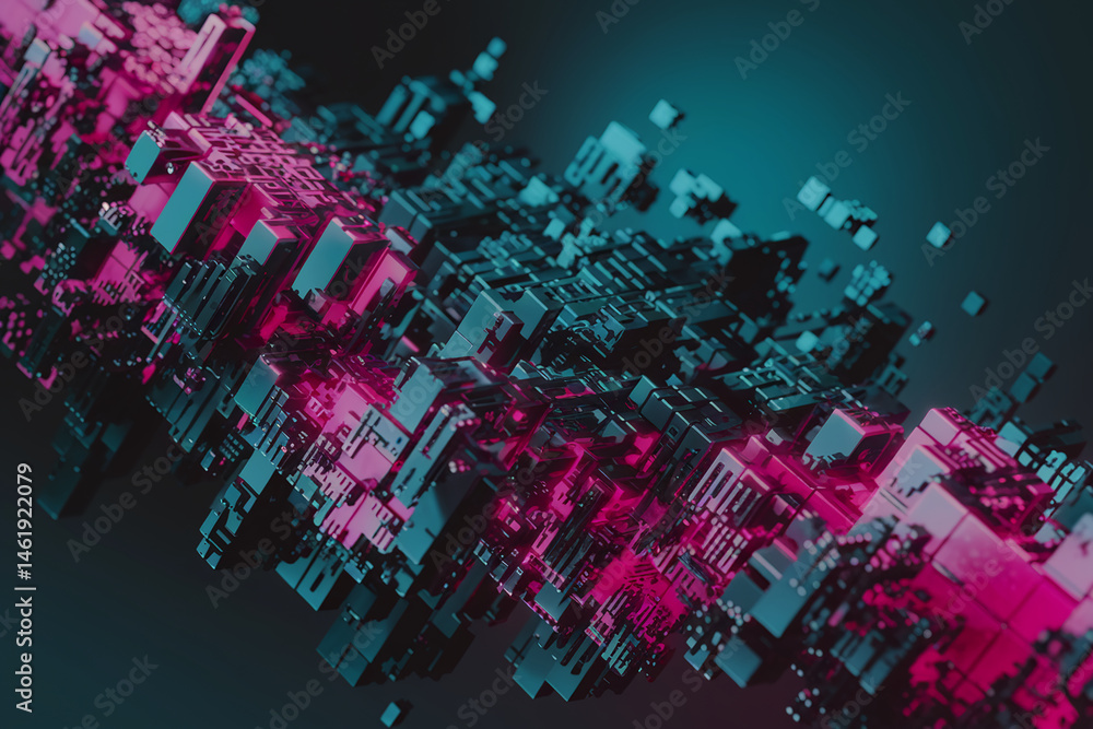 Poster abstract 3d render of interconnected metallic cubes in teal and pink hues, showcasing a complex, fut