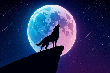 Lone Wolf Howling at the Moon - Night Sky Art