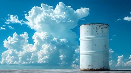 Obraz premium A solitary white barrel against a vivid blue sky filled with large, puffy white clouds.