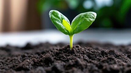 A young green plant sprouting from rich dark soil, close-up view with blurred background, and natural growth and environmental concept.