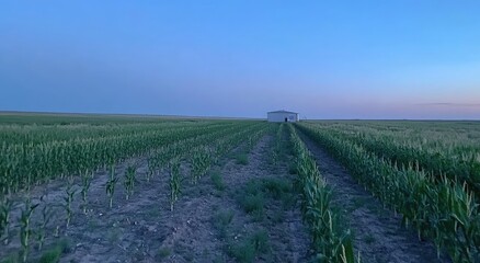Obraz premium Cornfield with water tank at dusk