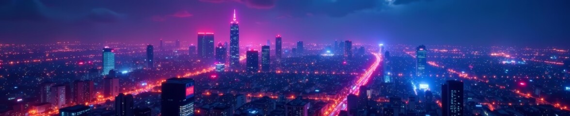 Fototapeta premium Neon-lit skyscrapers in futuristic Asian metropolis, illustration, cityscape, urban