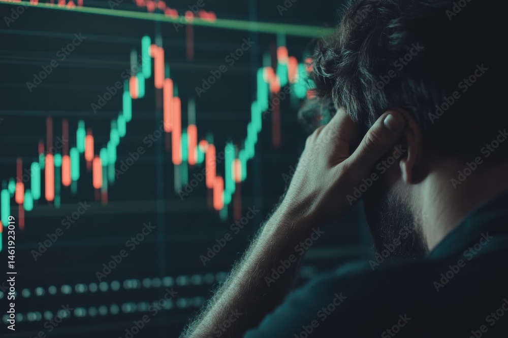 Aufkleber man reacts to significant market decline while analyzing financial chart data