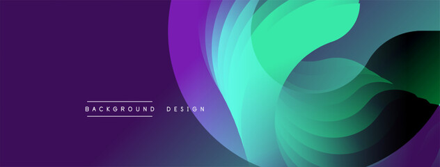 Abstract flowing shapes, vibrant colors. Purple gradient blends into turquoise, green. Modern design element for backgrounds.