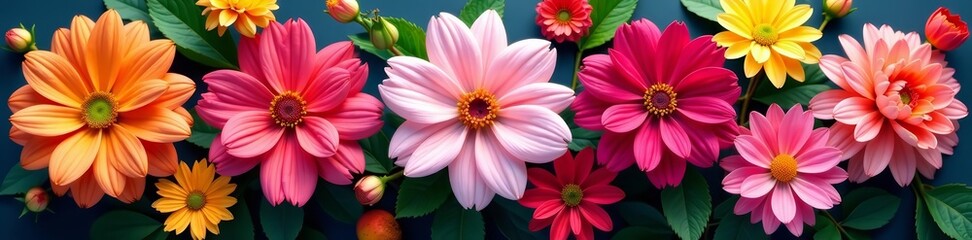 Various bright colorful blooms in artistic arrangement, elegant, flora, vivid