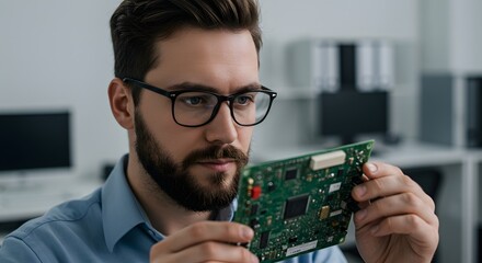 Close-up of a male IT technician with glasses and beard, holding a circuit board, tech office background, professional mood, stock photo.