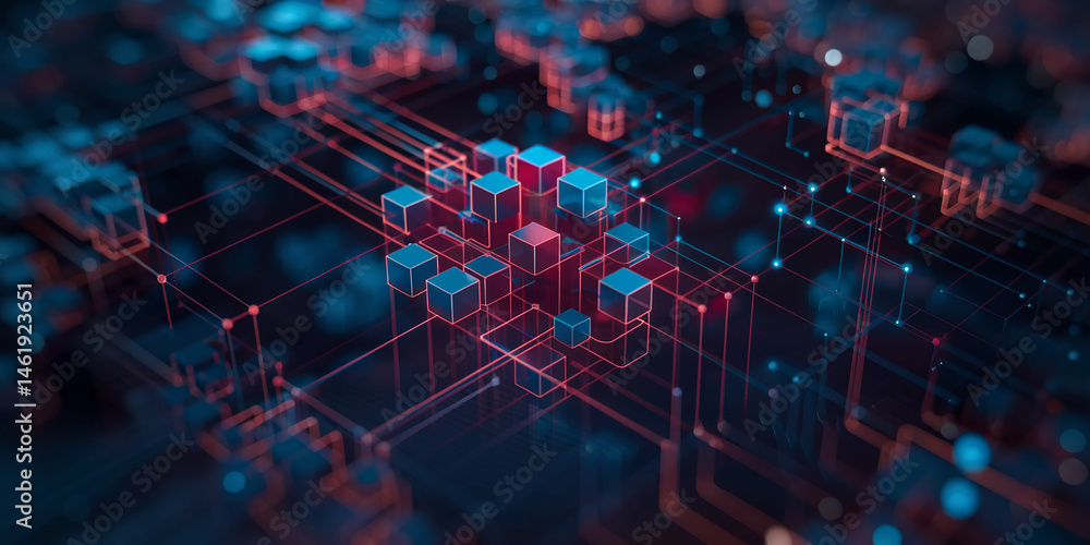 Poster abstract image of interconnected glowing cubes and lines, showcasing a network or data flow concept,