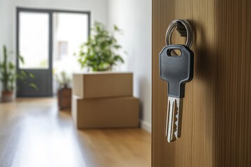 Moving house with a key inserted in the door and packed boxes in a new living space