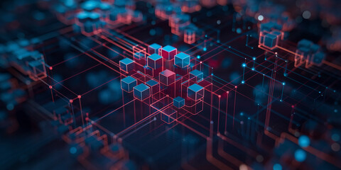 Abstract image of interconnected glowing cubes and lines, showcasing a network or data flow concept, symbolizing digital connectivity, technology, and innovation