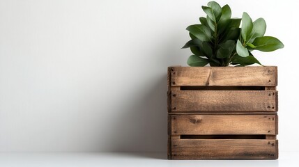 This image features a stylish wooden planter with lush green foliage set against a calm background, creating an inviting and harmonious atmosphere for any indoor space.