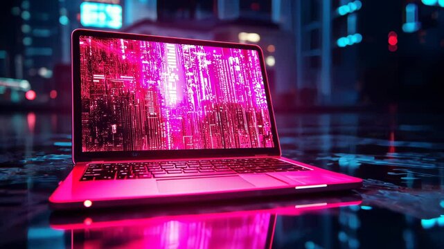 A futuristic laptop with glowing pink holographic interface in a neon-lit cyberpunk city