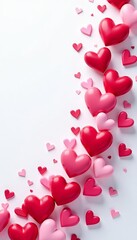 Vertical wave made of pink and red hearts on white background, emotions, valentine, affection