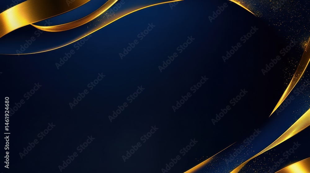 Poster Abstract Gold Ribbon on Deep Blue Background with Glittering Particles Elegant Wavy Design and Decorative Frame Luxurious Texture and Modern Art Presentation Backdrop