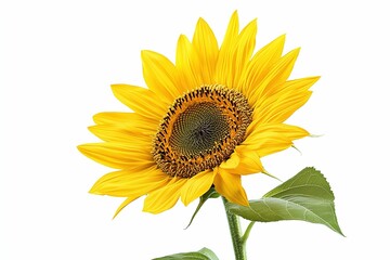 Obraz premium A yellow sunflower with a green stem and a leaf. , isolated on white background.