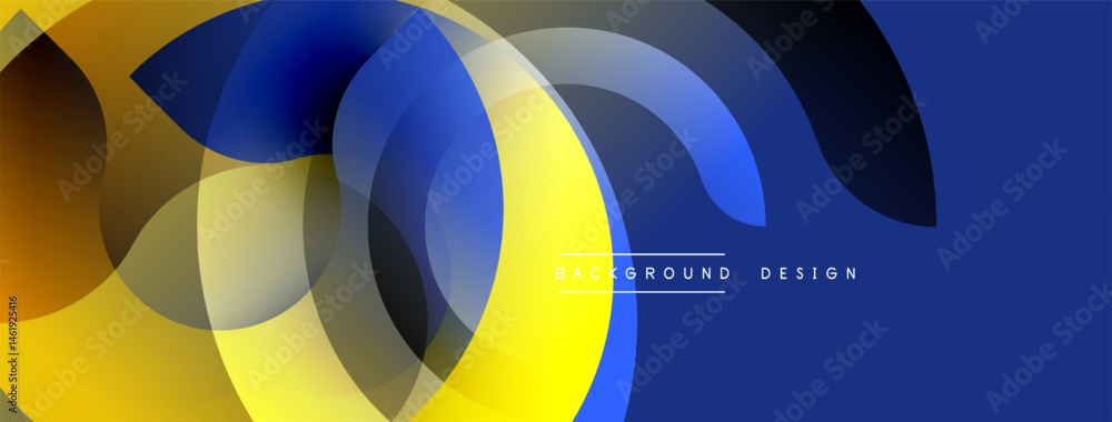 Poster abstract design features overlapping circles, yellow, blue hues. modern aesthetic, dynamic compositi