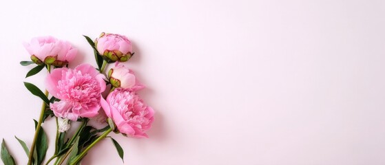 Delicate pink peony flowers with buds on a pastel background, creating a soft and romantic floral arrangement for spring or summer