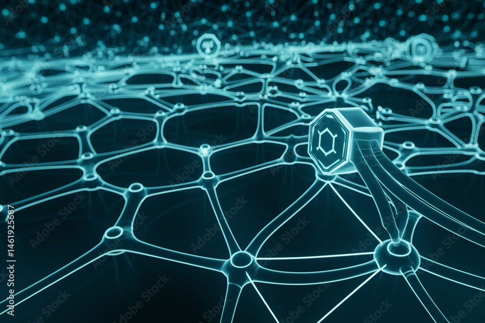 Poster abstract teal network structure, glowing lines forming interconnected nodes, showcasing digital conn