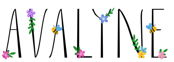 Avalyne - black color with spring flowers and bees - name written - ideal for websites,, presentations, greetings, banners, cards, books, t-shirt, sweatshirt, prints, cricut, silhouette, sublimation	

