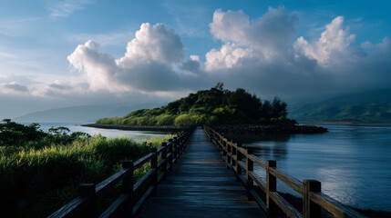 Naklejka premium Serene coastal scene with a wooden walkway go to a lush dark-green island against a majestic cloudy sky.