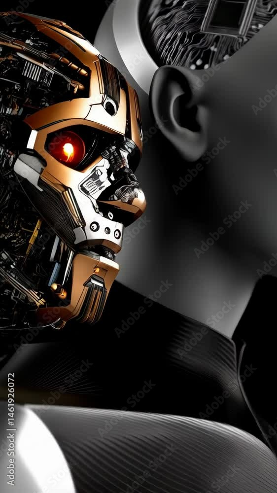 Poster humanoid robot head with exposed processor and circuit board, conceptual design for artificial intel