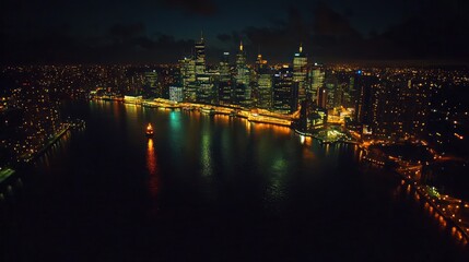 Obraz premium A nighttime cityscape featuring illuminated skyscrapers by the water.