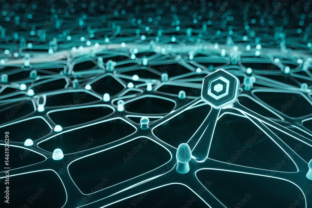 Poster abstract teal network, glowing lines connecting nodes, central hexagon shape, showcasing connectivit