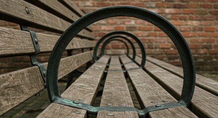 Rustic wooden park bench detail inviting peaceful moments near aged brick wall serene atmosphere