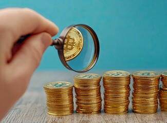 A hand using a magnifying glass to examine a gold Bitcoin among stacked coins.