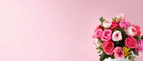Romantic bouquet of pink roses and ranunculus in a vase against a soft pink background Concept of love, celebration, and floral arrangement