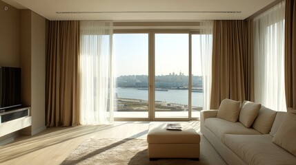 Fototapeta premium Modern living room with large window overlooking a waterfront view.